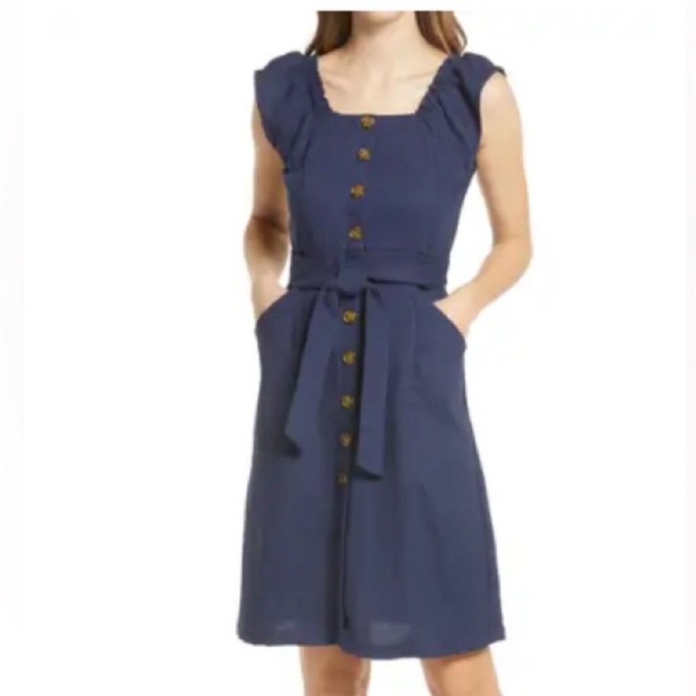 NWT 1901 Navy Button-Front Tie Waist Dress with Flutter Sleeves